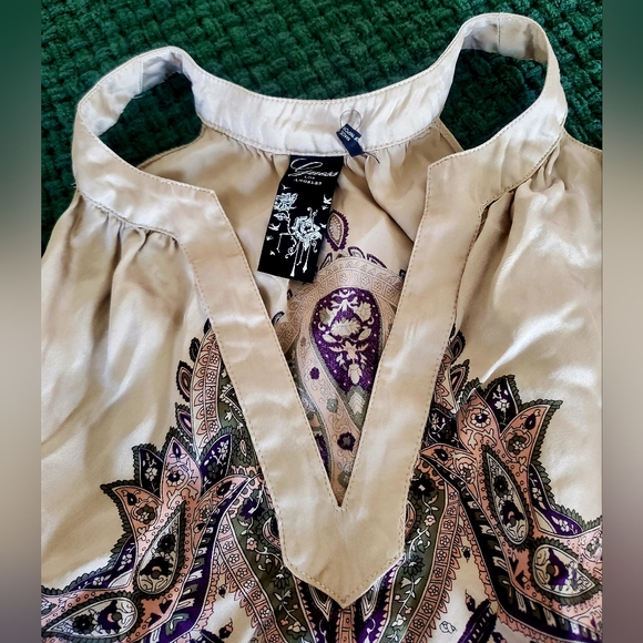 Bohemian Cream and Purple Guess Top,Size 3, 100% Silk,Black rope on waist - Picture 11 of 16